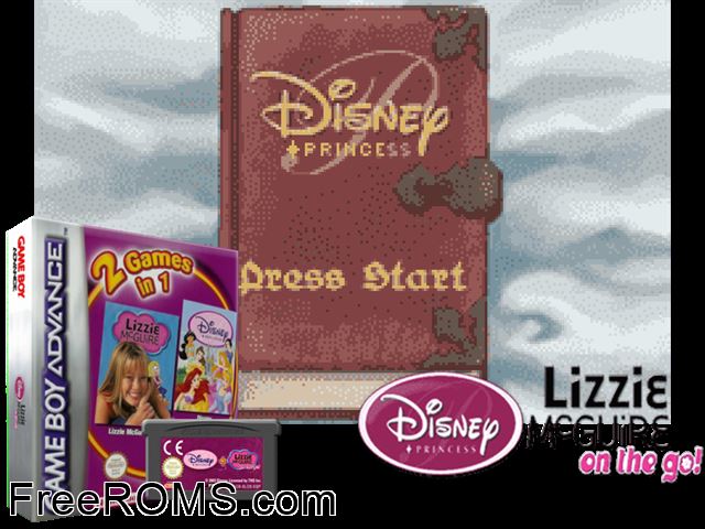 2 Games In 1 - Disney Princesas + Lizzie Mcguire (Spain) Gameboy Advance game showing 3D box cover and gameplay screenshot