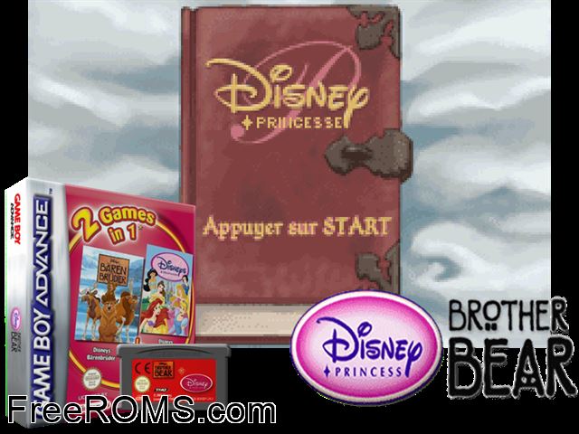 2 Games In 1 - Disney Princess + Brother Bear Gameboy Advance game showing 3D box cover and gameplay screenshot