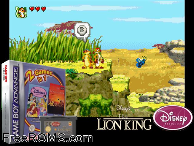 2 Games In 1 - Disney Principesse + Re Leone, Il (Ita+M8) Gameboy Advance game showing 3D box cover and gameplay screenshot
