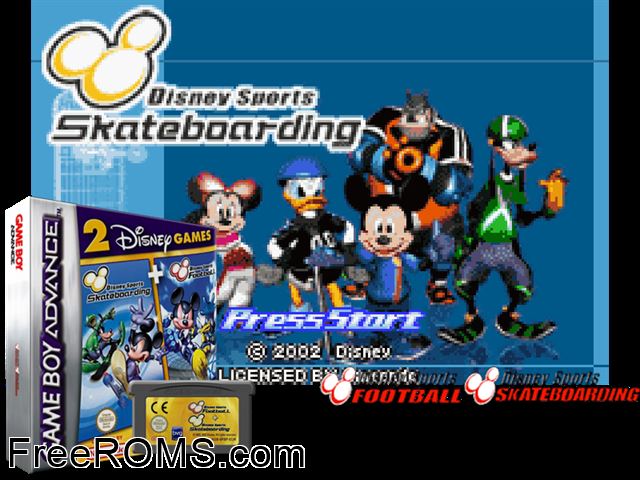 2 Games In 1 - Disney Sports - Football + Disney Sports - Skateboarding Gameboy Advance game showing 3D box cover and gameplay screenshot