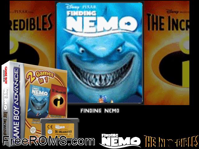 2 Games In 1 - Findet Nemo + Unglaublichen, Die (Germany) Gameboy Advance game showing 3D box cover and gameplay screenshot