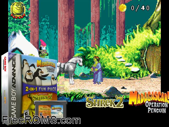 2 Games In 1 - Madagascar + Shrek 2 Gameboy Advance game showing 3D box cover and gameplay screenshot