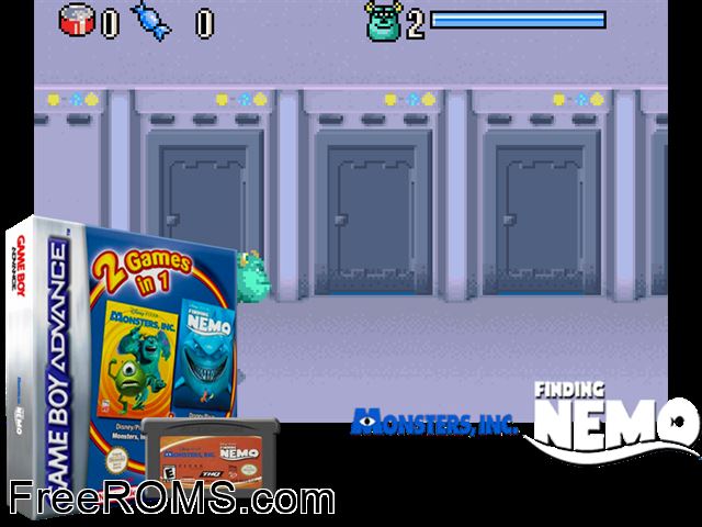 2 Games In 1 - Monsters, Inc. + Finding Nemo Gameboy Advance game showing 3D box cover and gameplay screenshot