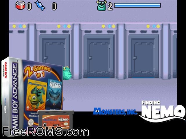 2 Games In 1 - Monsters And Co. + Alla Ricerca Di Nemo (Italy) Gameboy Advance game showing 3D box cover and gameplay screenshot