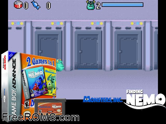2 Games In 1 - Monstres And Cie + Monde De Nemo, Le (France) Gameboy Advance game showing 3D box cover and gameplay screenshot