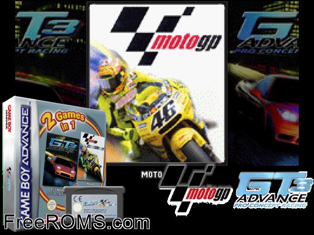 2 Games In 1 - Moto Gp + Gt Advance 3 - Pro Concept Racing Gameboy Advance game showing 3D box cover and gameplay screenshot