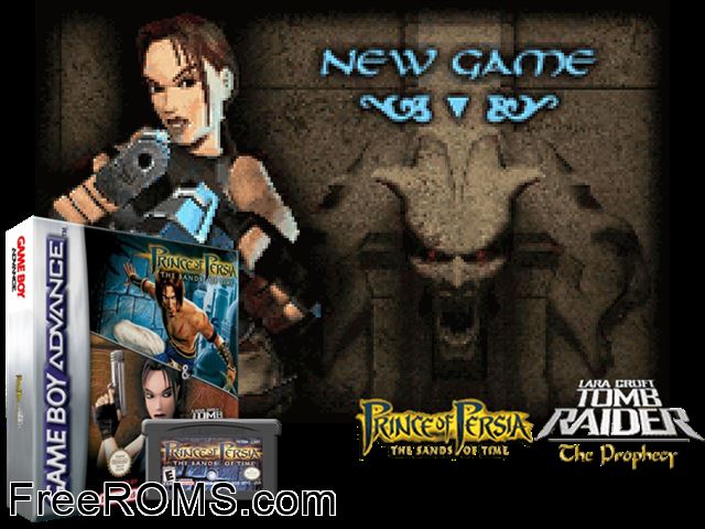 2 Games In 1 - Prince Of Persia - The Sands Of Time + Tomb Raider - The Prophecy Gameboy Advance game showing 3D box cover and gameplay screenshot