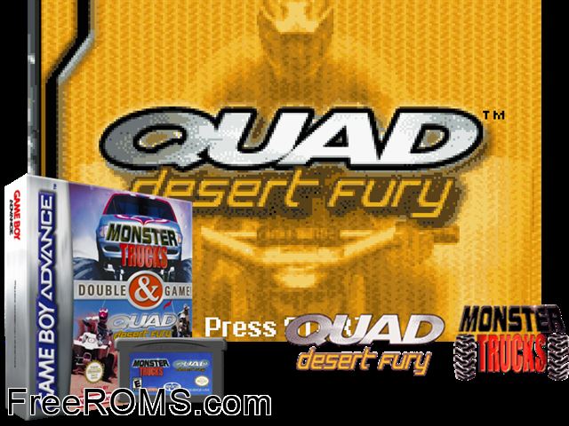 2 Games In 1 - Quad Desert Fury + Monster Trucks Gameboy Advance game showing 3D box cover and gameplay screenshot