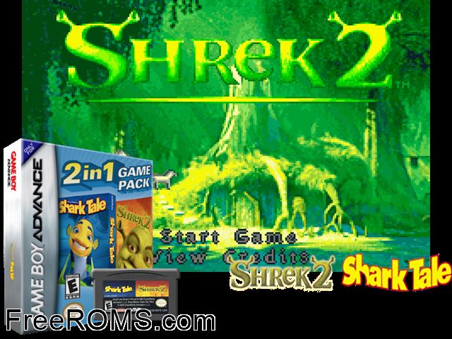 2 Games In 1 - Shrek 2 + Shark Tale Gameboy Advance game showing 3D box cover and gameplay screenshot