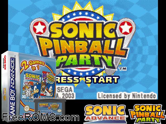 2 Games In 1 - Sonic Advance + Sonic Pinball Party Gameboy Advance game showing 3D box cover and gameplay screenshot
