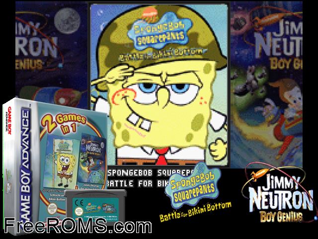 2 Games In 1 - Spongebob Squarepants - Battle For Bikini Bottom + Jimmy Neutron - Boy Genius Gameboy Advance game showing 3D box cover and gameplay screenshot