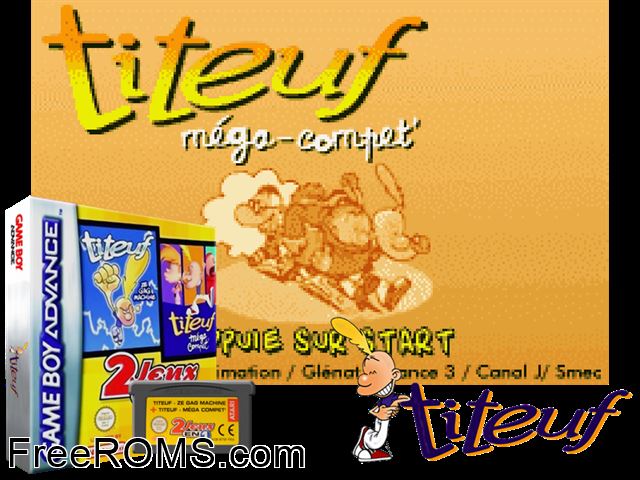 2 Games In 1 - Titeuf - Ze Gagmachine + Titeuf Mega Compet (France) Gameboy Advance game showing 3D box cover and gameplay screenshot