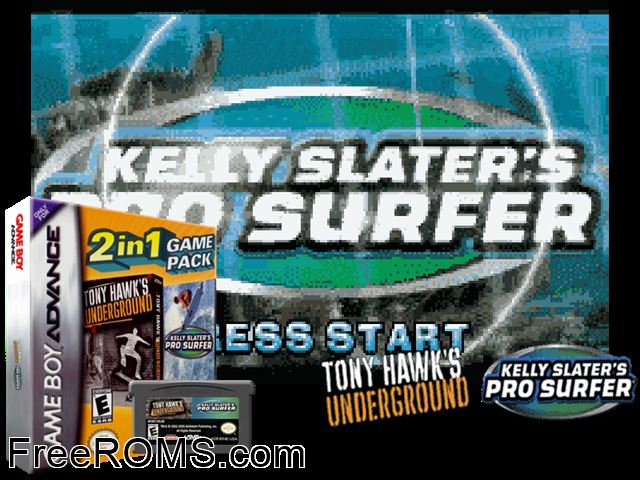 2 In 1 Game Pack - Tony Hawk's Underground + Kelly Slater's Pro Surfer Gameboy Advance game showing 3D box cover and gameplay screenshot