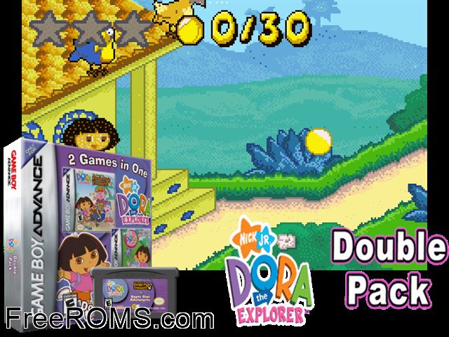 2 In 1 - Dora The Explorer Double Pack Gameboy Advance game showing 3D box cover and gameplay screenshot