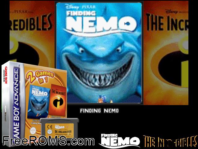 2 In 1 - Finding Nemo And The Incredibles Gameboy Advance game showing 3D box cover and gameplay screenshot
