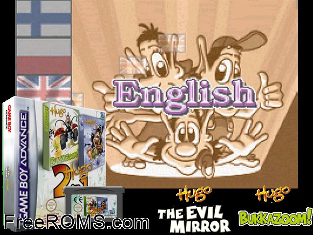 2 In 1 - Hugo - Bukkazoom! + Hugo - The Evil Mirror Gameboy Advance game showing 3D box cover and gameplay screenshot