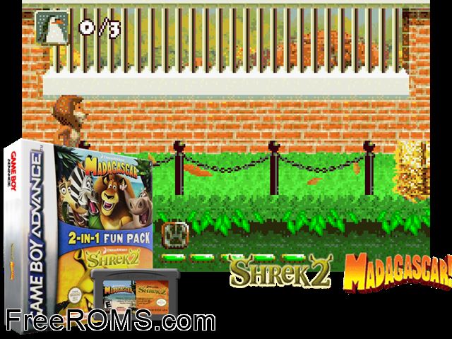 2 In 1 - Madagascar And Shrek 2 Gameboy Advance game showing 3D box cover and gameplay screenshot