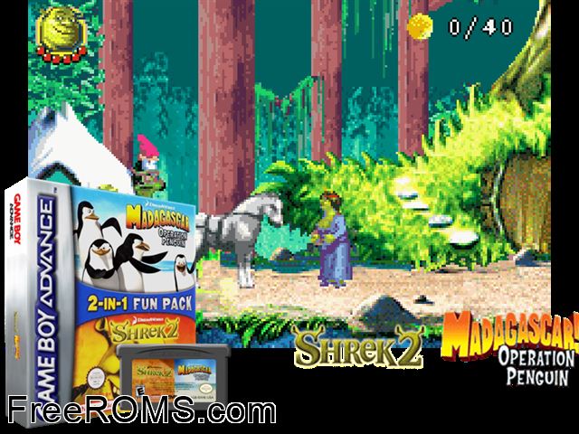 2 In 1 - Shrek 2 And Madagascar Operation Penguin Gameboy Advance game showing 3D box cover and gameplay screenshot