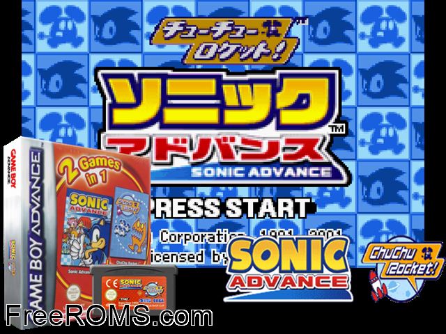 2 In 1 - Sonic Advance And Chu Chu Rocket Gameboy Advance game showing 3D box cover and gameplay screenshot