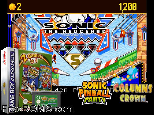 2 In 1 - Sonic Pinball Party And Columns Crown Gameboy Advance game showing 3D box cover and gameplay screenshot