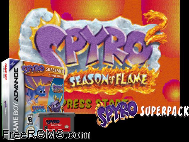 2 In 1 - Spyro Super Pack - Spyro - Season Of Ice + Spyro 2 - Season Of Flame Gameboy Advance game showing 3D box cover and gameplay screenshot