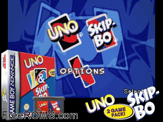 2 In 1 - Uno And Skip-Bo Gameboy Advance game showing 3D box cover and gameplay screenshot