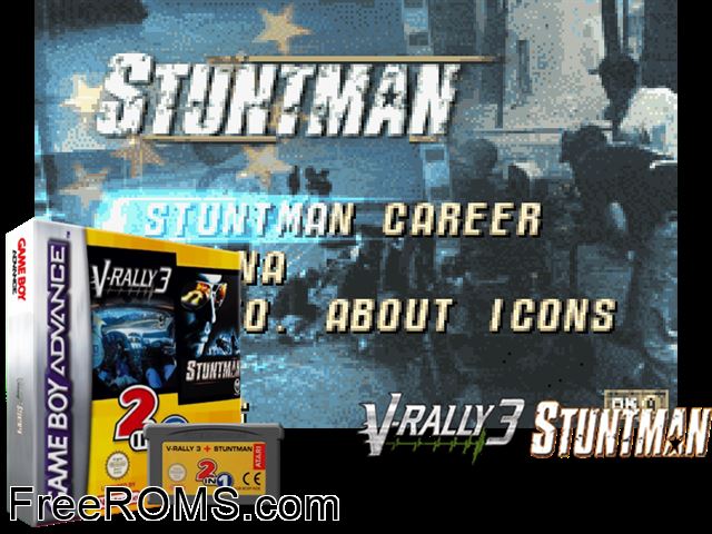 2 In 1 - V-Rally 3 + Stuntman Gameboy Advance game showing 3D box cover and gameplay screenshot