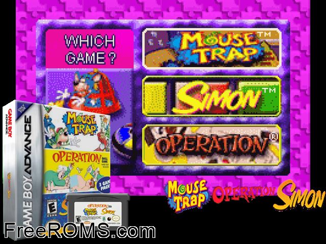 3 In 1 - Mousetrap And Simon And Operation Gameboy Advance game showing 3D box cover and gameplay screenshot