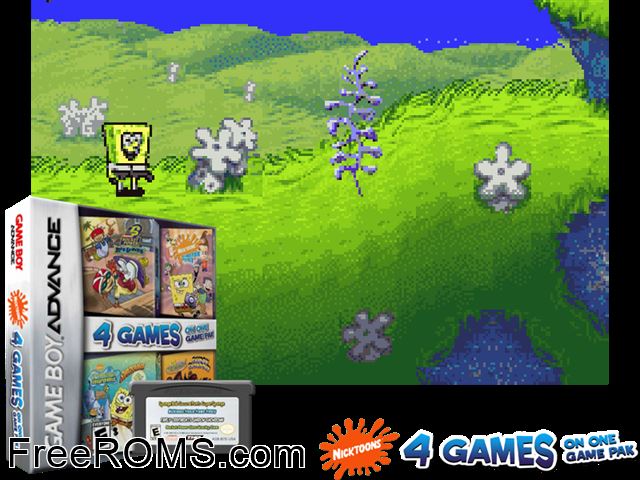 4 Games On One Game Pak - Nickelodeon Gameboy Advance game showing 3D box cover and gameplay screenshot