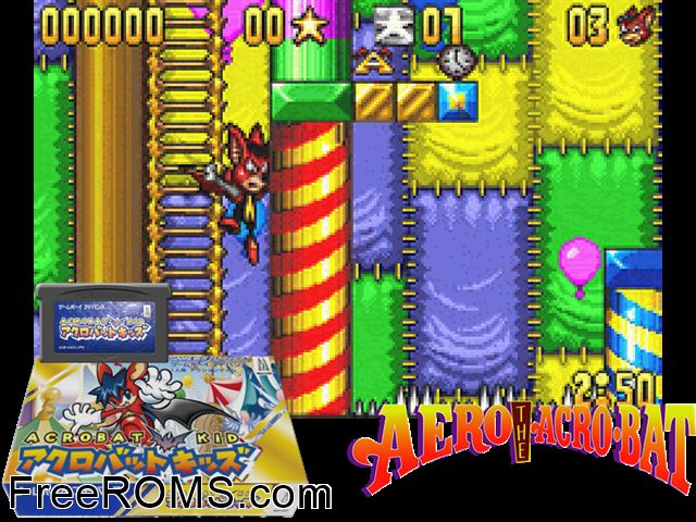 Acrobat Kid (Japan) Gameboy Advance game showing 3D box cover and gameplay screenshot