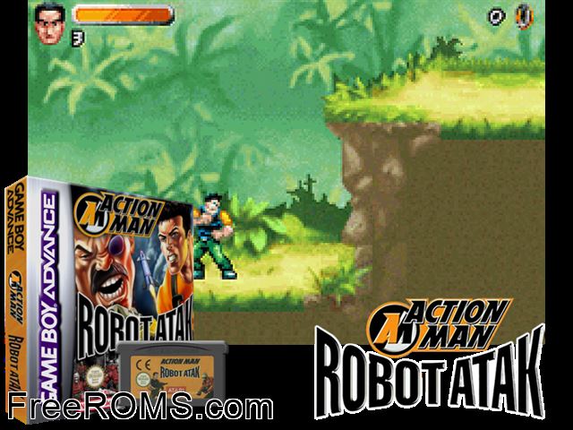 Action Man - Robot Atak Gameboy Advance game showing 3D box cover and gameplay screenshot