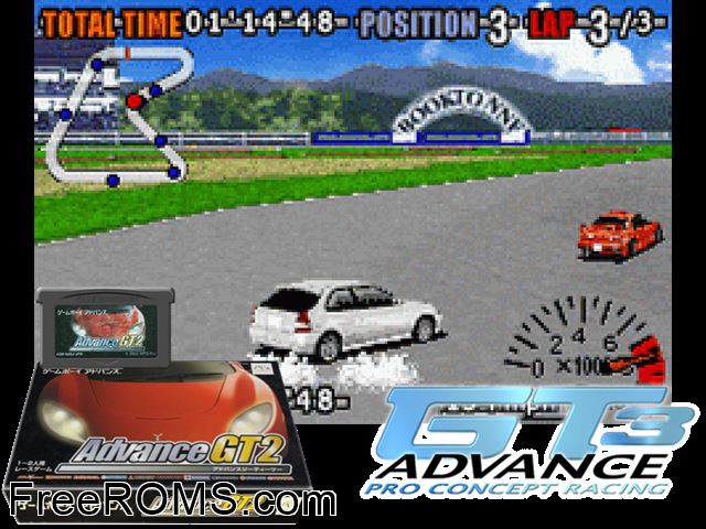 Advance GT2 (Japan) Gameboy Advance game showing 3D box cover and gameplay screenshot