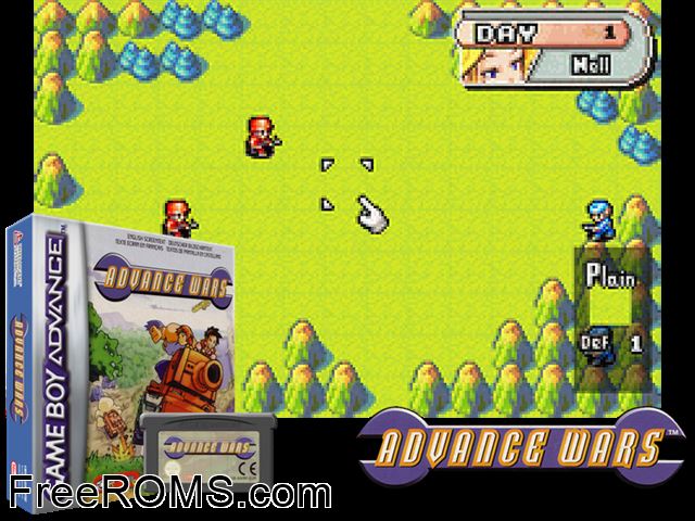 Advance Wars (V1.0) Gameboy Advance game showing 3D box cover and gameplay screenshot