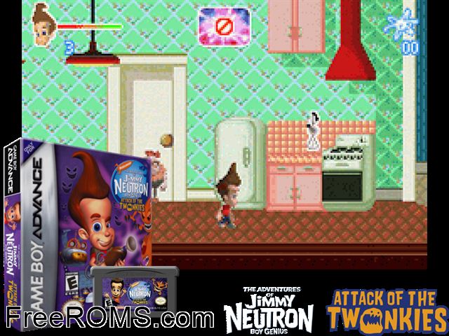 Adventures Of Jimmy Neutron Boy Genius, The - Attack Of The Twonkies Gameboy Advance game showing 3D box cover and gameplay screenshot