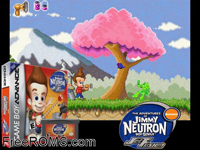 Adventures Of Jimmy Neutron Boy Genius, The - Jet Fusion Gameboy Advance game showing 3D box cover and gameplay screenshot