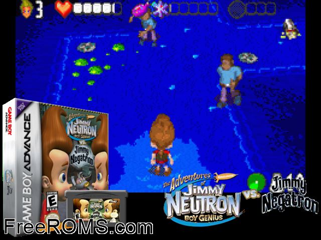 Adventures Of Jimmy Neutron Boy Genius Vs. Jimmy Negatron, The Gameboy Advance game showing 3D box cover and gameplay screenshot