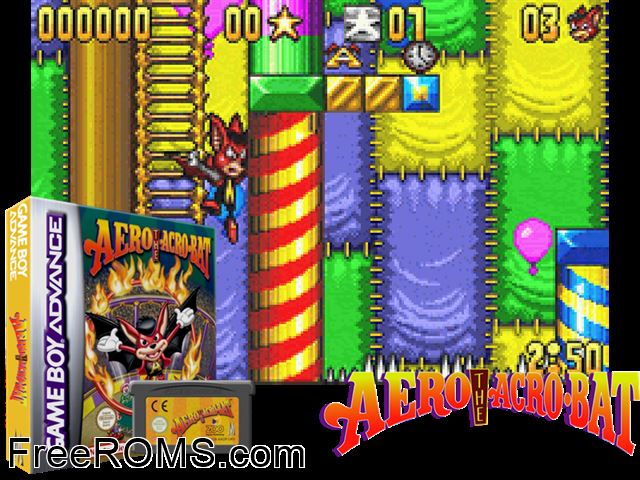 Aero The Acro-Bat - Rascal Rival Revenge Gameboy Advance game showing 3D box cover and gameplay screenshot