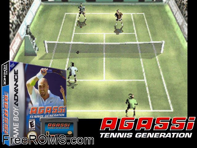 Agassi Tennis Generation Gameboy Advance game showing 3D box cover and gameplay screenshot
