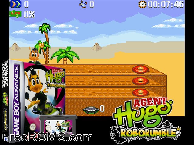 Agent Hugo Roborumble Gameboy Advance game showing 3D box cover and gameplay screenshot