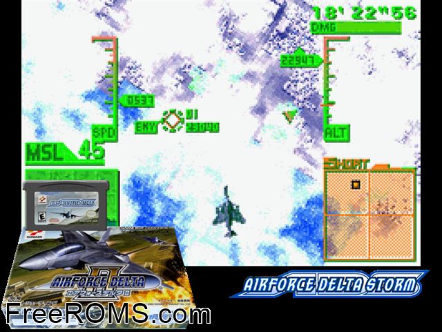 Airforce Delta II (Japan) Gameboy Advance game showing 3D box cover and gameplay screenshot
