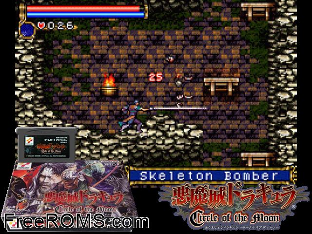 Akumajou Dracula - Circle Of The Moon (Japan) Gameboy Advance game showing 3D box cover and gameplay screenshot