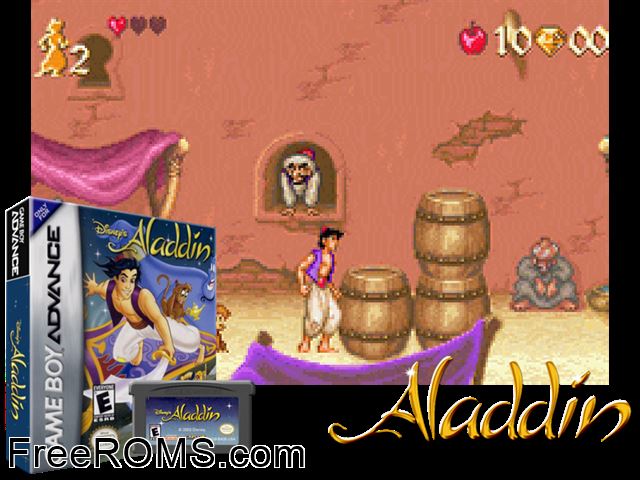 Aladdin Gameboy Advance game showing 3D box cover and gameplay screenshot