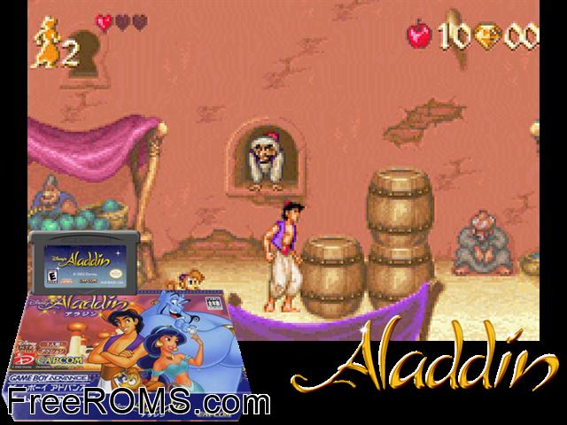 Aladdin (Japan) Gameboy Advance game showing 3D box cover and gameplay screenshot