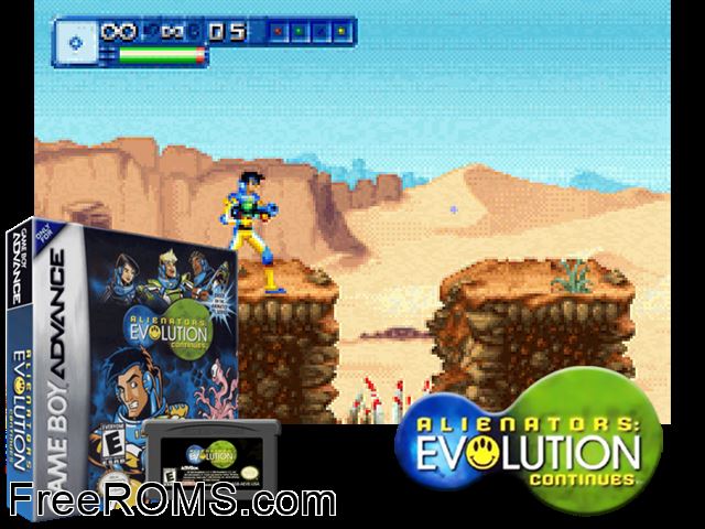 Alienators - Evolution Continues Gameboy Advance game showing 3D box cover and gameplay screenshot