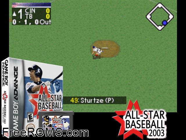All-Star Baseball 2003 Gameboy Advance game showing 3D box cover and gameplay screenshot