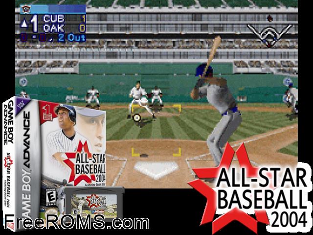 All-Star Baseball 2004 Gameboy Advance game showing 3D box cover and gameplay screenshot