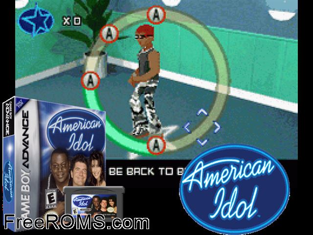 American Idol Gameboy Advance game showing 3D box cover and gameplay screenshot