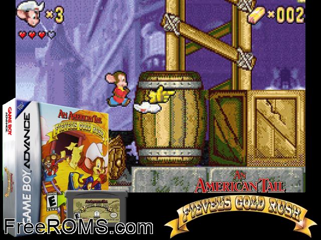 An American Tail - Fievel's Gold Rush Gameboy Advance game showing 3D box cover and gameplay screenshot