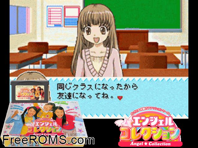 Angel Collection - Mezase! Gakuen No Fashion Leader (Japan) Gameboy Advance game showing 3D box cover and gameplay screenshot
