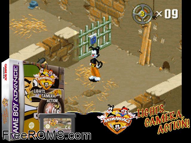 Animaniacs - Lights, Camera, Action! Gameboy Advance game showing 3D box cover and gameplay screenshot